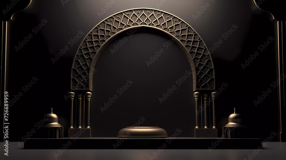 3d illustration Islamic theme product display background in minimal black design. Mosque portal frame with podium and empty space. generative ai