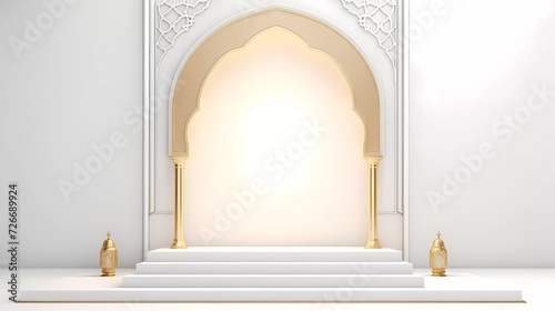3d illustration Islamic theme product display background in minimal white design. Mosque portal frame with podium and empty space. generative ai