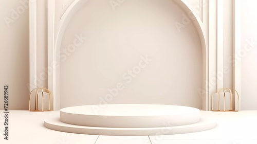 3d illustration Islamic theme product display background in minimal white design. Mosque portal frame with podium and empty space. generative ai