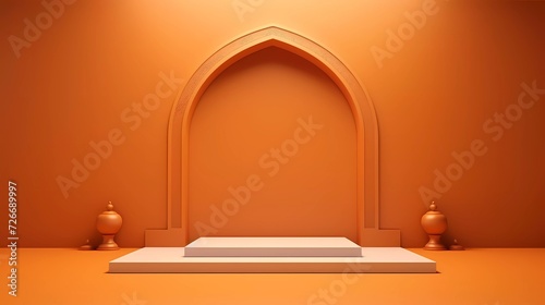 3d illustration Islamic theme product display background in minimal orange design. Mosque portal frame with podium and empty space. generative ai