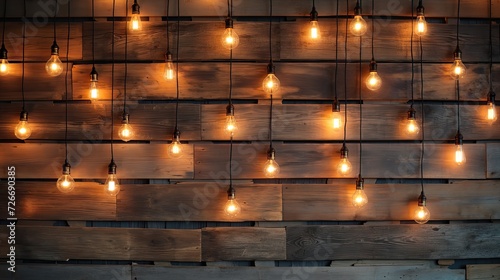 a wood wall adorned with warm bulb lights, creating a cozy and inviting atmosphere in a living space or cafe setting.