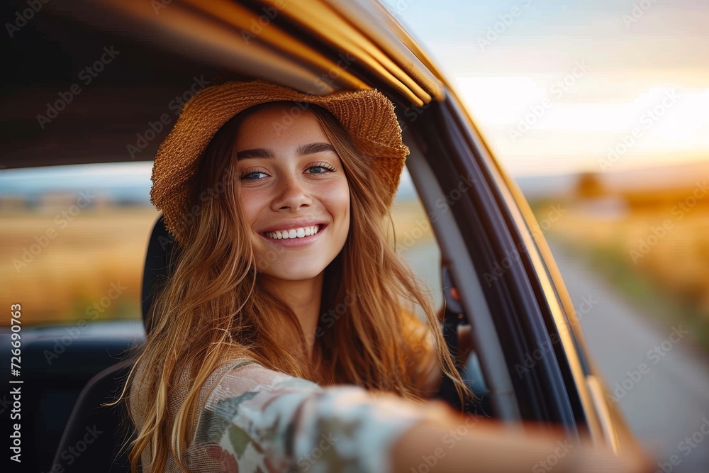 A stylish woman with a bright smile sits in her car, her long hair framing her human face as she gazes at her reflection in the mirror, wearing a fashionable hat and a chic fashion accessory A stylish woman with a bright smile sits in her car, her long hair framing her human face as she gazes at her reflection in the mirror, wearing a fashionable hat and a chic fashion accessory