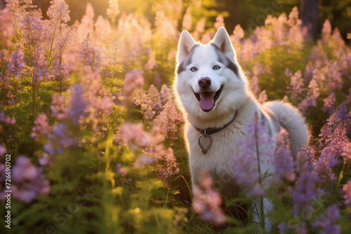 Siberian husky dog standing in meadow field surrounded by vibrant wildflowers and grass on sunny day ai generated