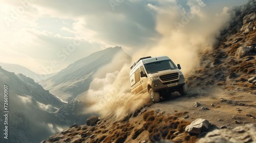 An off-road van is driving along a rocky mountain trail, its tires kicking up dust as it overcomes difficult terrain, aerial photography
