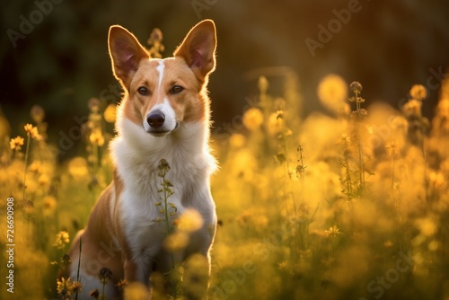 Portuguese podengo pequeno dog sitting in meadow field surrounded by vibrant wildflowers and grass on sunny day ai generated photo