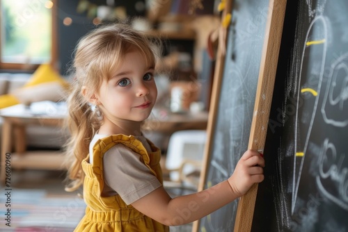 A young girl with a determined expression writes her name on the blackboard with her small hand, dressed in her best clothes and using a tripod for support, capturing the innocence and excitement of 