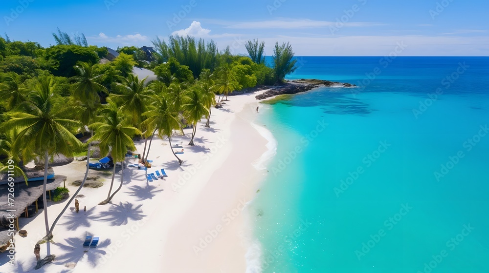 Aerial view of beautiful tropical beach with palm trees, sand, turquoise water and blue sky. Summer vacation concept.