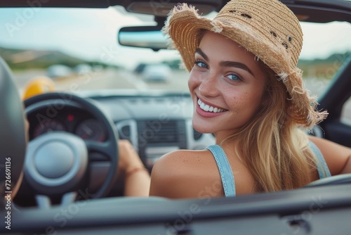 A stylish woman enjoys a carefree drive, her smile reflected in the car's mirror, adorned with a fashionable hat and trendy clothing