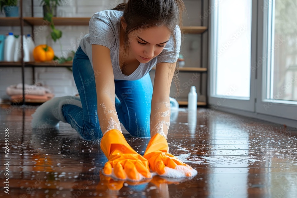 A young girl, dressed in casual clothing, meticulously cleans the indoor floor with determination and grace, showcasing the innate resilience and determination of a child - obrazy, fototapety, plakaty 