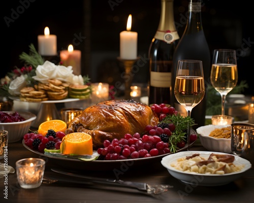 Christmas table with roasted turkey, cranberries, nuts and wine.