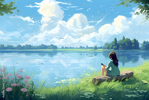 Digital anime style art painting of a man sitting with flowers in front of a beautiful lake