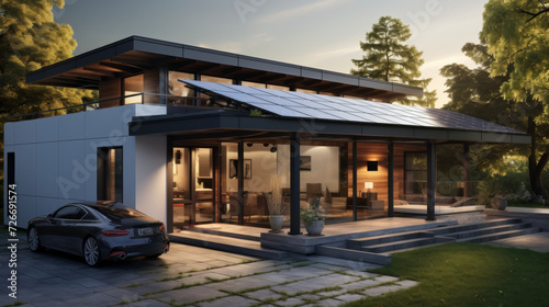 Electric futuristic car parked with charging station in a modern ecological eco house with solar green power panels, smart home technology. Renewable energy concept