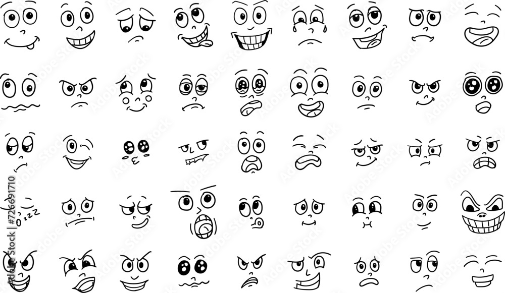 doodle emoticons, expressive eyes and mouth, crying, laughing, scared emotions, vector icons set