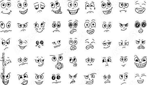 doodle emoticons, expressive eyes and mouth, crying, laughing, scared emotions, vector icons set photo
