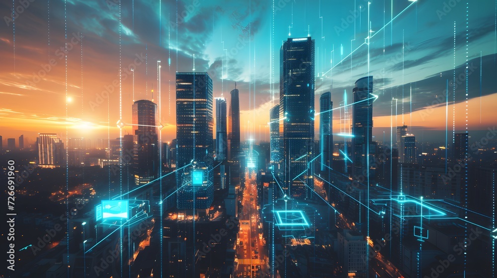 Futuristic Cityscape with Glowing Data Lines at Dusk