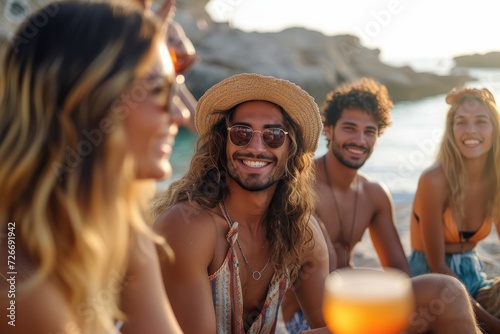 A joyful group of friends soaking up the sun on a sandy beach, their faces beaming with happiness and adorned with stylish sunglasses and summer fashion accessories, sipping on refreshing drinks and 