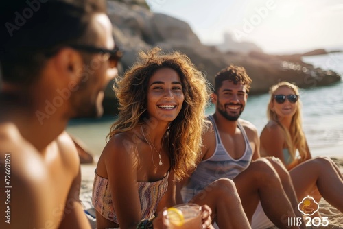 A joyful group of vacationers, with smiling faces and colorful swimwear, enjoying the warm summer sun and crystal clear water on a picturesque beach surrounded by majestic mountains photo