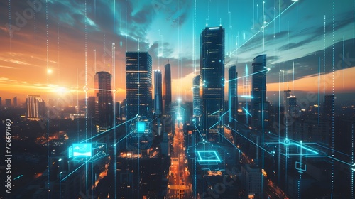 Futuristic Cityscape with Glowing Data Lines at Dusk