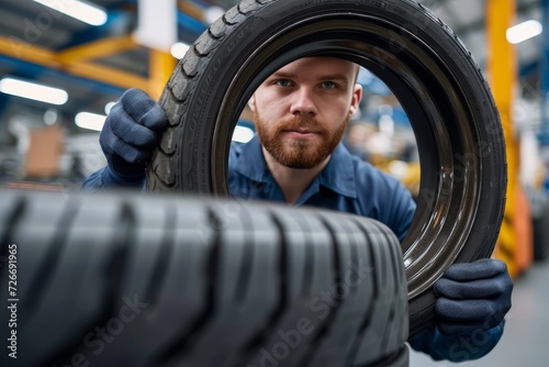 A rugged man stands proudly with a tire in hand, his face contorted with determination as he prepares to conquer the road ahead photo