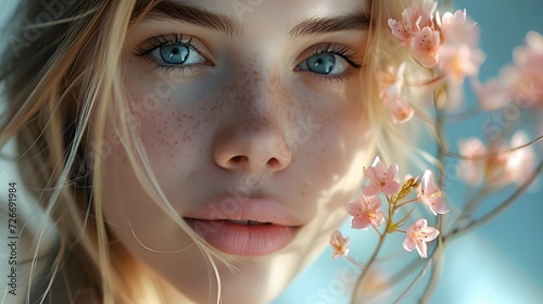 Close-Up Portrait of a Young Woman with Ethereal Blossoms