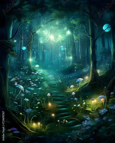 Mystical dark forest with magic light. Digital painting illustration.