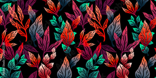 Stylized abstract seamless pattern with leaves and branches for fabric design, packaging and wallpaper.