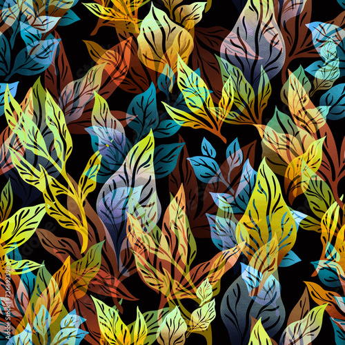 Stylized abstract seamless pattern with leaves and branches for fabric design, packaging and wallpaper.
