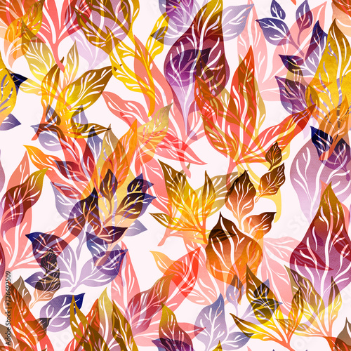 Stylized abstract seamless pattern with leaves and branches for fabric design, packaging and wallpaper.
