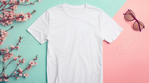 a white t-shirt mockup featuring a blank shirt template, adorned with vibrant spring accessories against a soft pastel background, perfect for conveying a fresh and seasonal style. © lililia