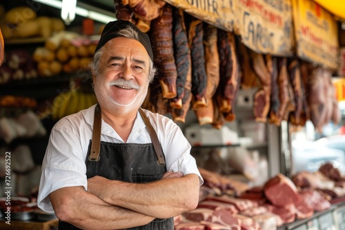 A street-smart man donning traditional clothing gazes proudly at the succulent meats on display, evoking a sense of nostalgia for old-world curing techniques and the bustling energy of a bustling mar