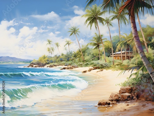 Beautiful panoramic seascape with palm trees and waves