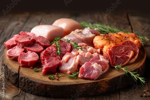 An indulgent display of succulent meats, including beef, pork, veal, and goat, artfully arranged on a rustic wooden platter, showcasing the rich flavors of charcuterie and cold cuts such as lomo, sal