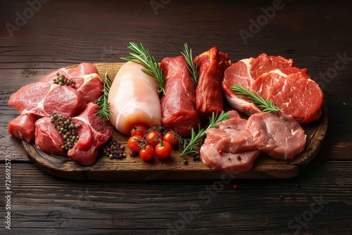 Indulge in a mouth-watering charcuterie spread of succulent red meat and cured cold cuts, expertly carved and garnished with aromatic spices on a sleek cutting board