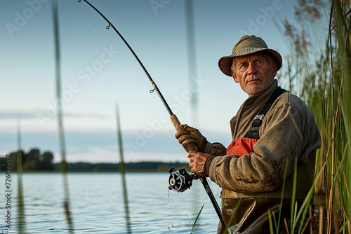 A rugged fisherman stands by a serene lake, casting his fishing rod towards the endless sky, fully immersed in the art of outdoor recreational fishing