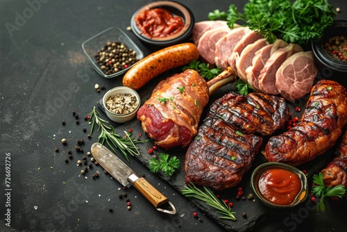 A savory spread of various meats and seasonings awaits on a dark canvas, promising a flavorful journey through culinary delights and the comforting nostalgia of home-cooked meals