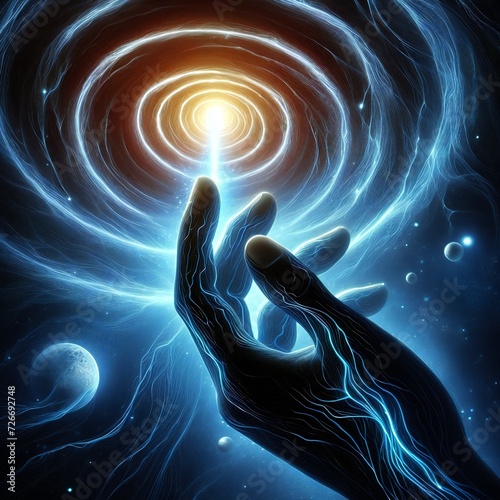 The hand of God, the creator and architect of the universe. He creates the material world, shaping and destroying with one touch.illustration. AI generative