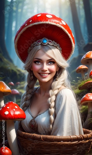 A beautiful woman of Slavic beauty as Princess Toadstool, a beautiful forest in the background. Photorealistic illustration. AI generative