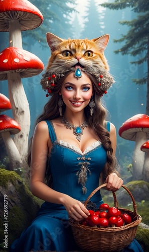 A beautiful woman in a blue dress poses with a basket filled with red toadstools in nature. Photorealistic illustration. AI generative