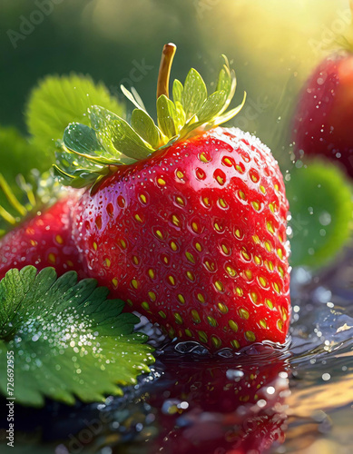 Pyszne, dojrzałe owoce Truskawek w kroplach wody. Generative AI © mycatherina