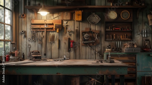 the old tools hanging on the wall  with a vintage garage style setting that evokes craftsmanship and history.