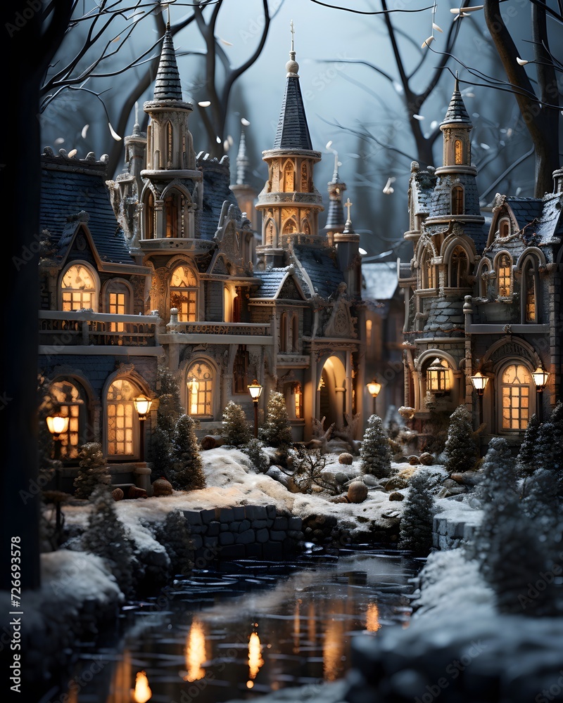 Winter wonderland. Fairy-tale castle in the forest. Fairy-tale castle in winter.