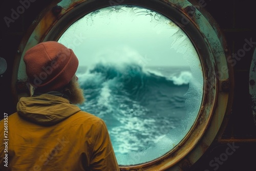 A solitary figure, clad in simple attire, gazes out of a porthole at the majestic force of nature, the vast expanse of water and sky before them evoking a sense of wonder and insignificance photo