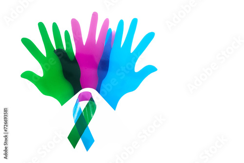 Rare Disease Day Background. Colorful hands and ribbon on white background