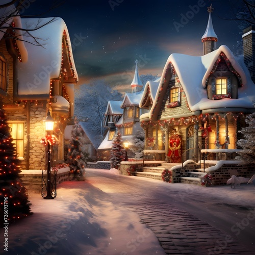 Christmas and New Year background with Christmas trees in the village. Digital painting.