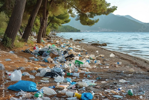 Amidst the serene beauty of nature, a polluted beach reveals the harsh reality of human impact on our environment
