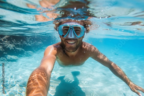 A swimmer in full gear, with goggles covering his determined face, gracefully glides through the crystal clear waters of a luxurious outdoor pool at a leisure centre, embodying the true essence of th