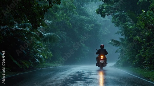 a motorbike driver navigating through the rain on a densely tree-lined road, the shimmering raindrops and lush foliage creating a captivating ambiance of nature's embrace and vehicular motion.