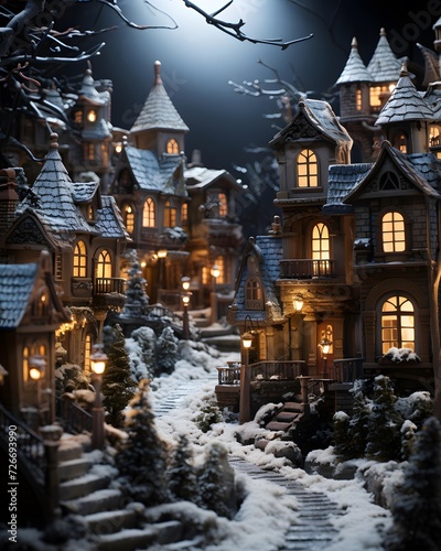 Winter fairy tale scene with wooden houses in snowy forest at night.