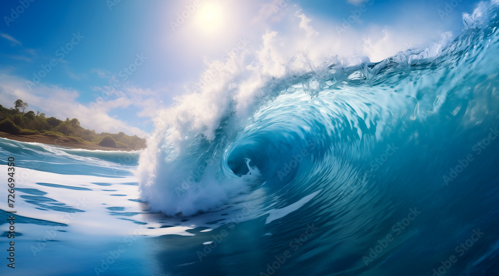 Naklejka premium Powerful wave crests under moody sky, capturing ocean untamed beauty.