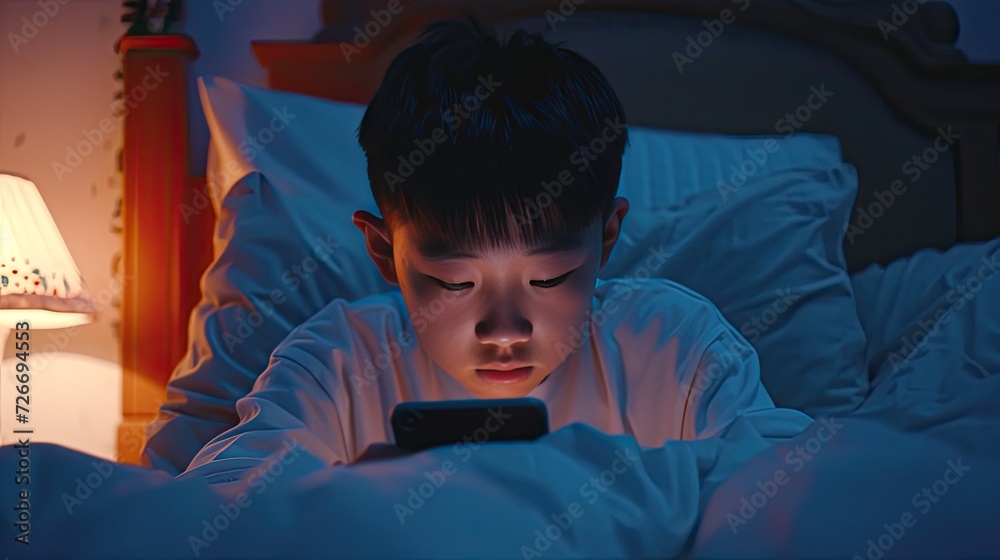 a Chinese boy engrossed in his mobile phone while lounging in bed, the soft glow of the screen illuminating his face, highlighting the allure of modern technology in everyday life. a Chinese boy engrossed in his mobile phone while lounging in bed, the soft glow of the screen illuminating his face, highlighting the allure of modern technology in everyday life.